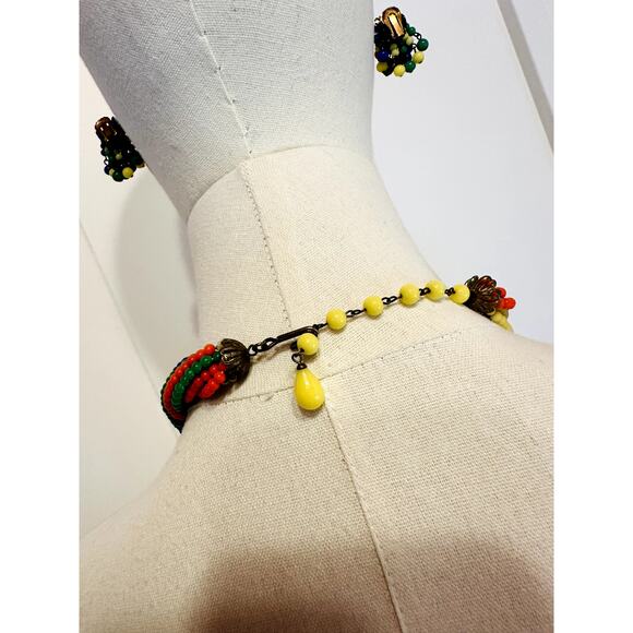 Vintage 1930s Multi Strand Necklace/Earring Set Japan Glass Beads Bright Costume - Picture 6 of 8